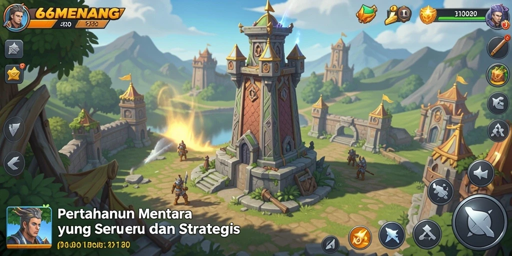 Screenshot gameplay 66MENANG menampilkan menara dan serangan musuh.