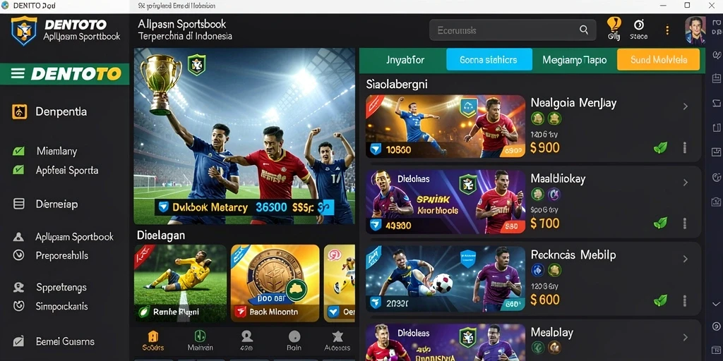 Tampilan utama DENTOTO dengan logo dan gameplay Sportsbook menarik.