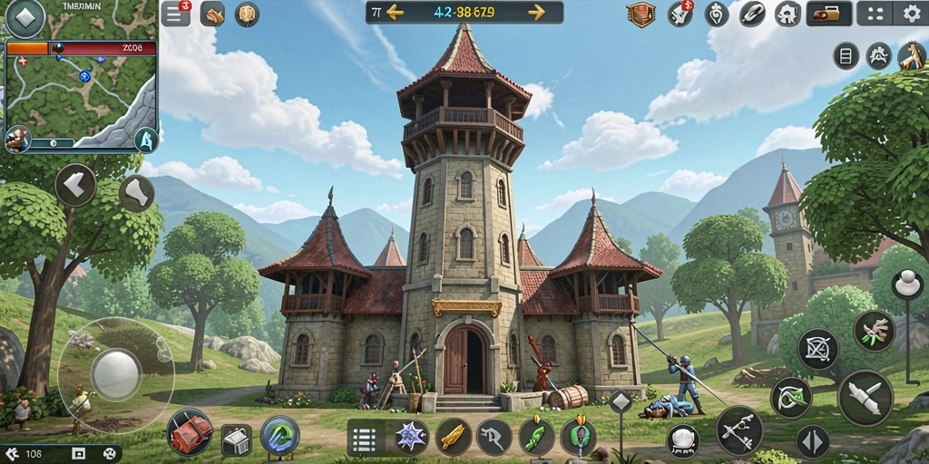 Screenshot gameplay F08 yang menunjukkan pertahanan menara yang intens.