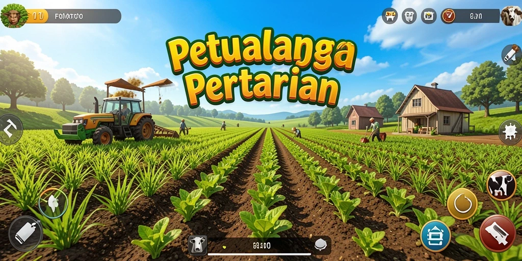 Screenshot utama FOMOTOTO menampilkan suasana pertanian yang indah.