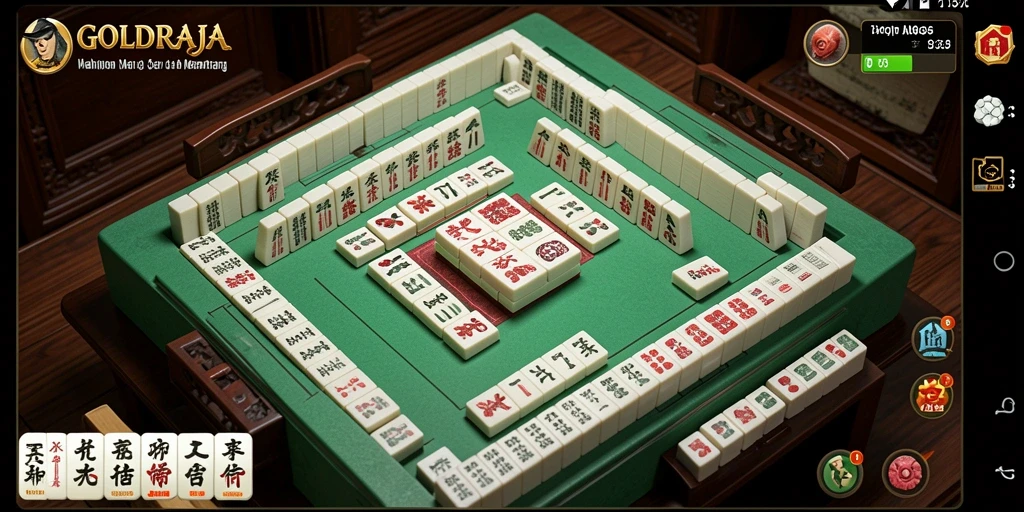 Tampilan gameplay seru di GOLDRAJA dengan ubin Mahjong yang berwarna-warni.