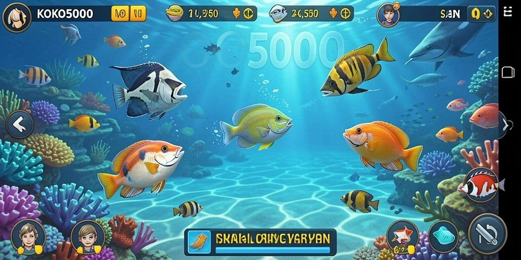 Screenshot gameplay KOKO5000 yang menunjukkan aksi menembak ikan.