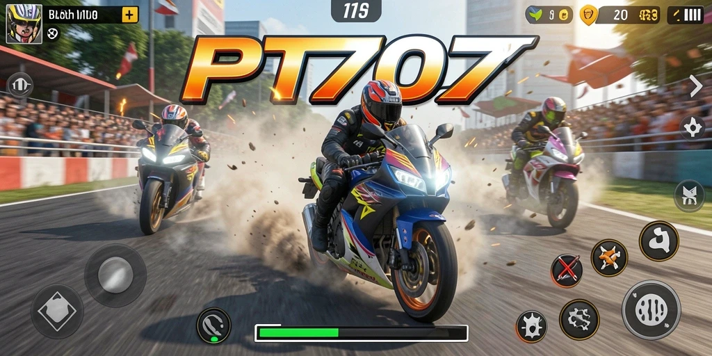 Tampilan gameplay seru di PT707 dengan balapan motor yang menegangkan.