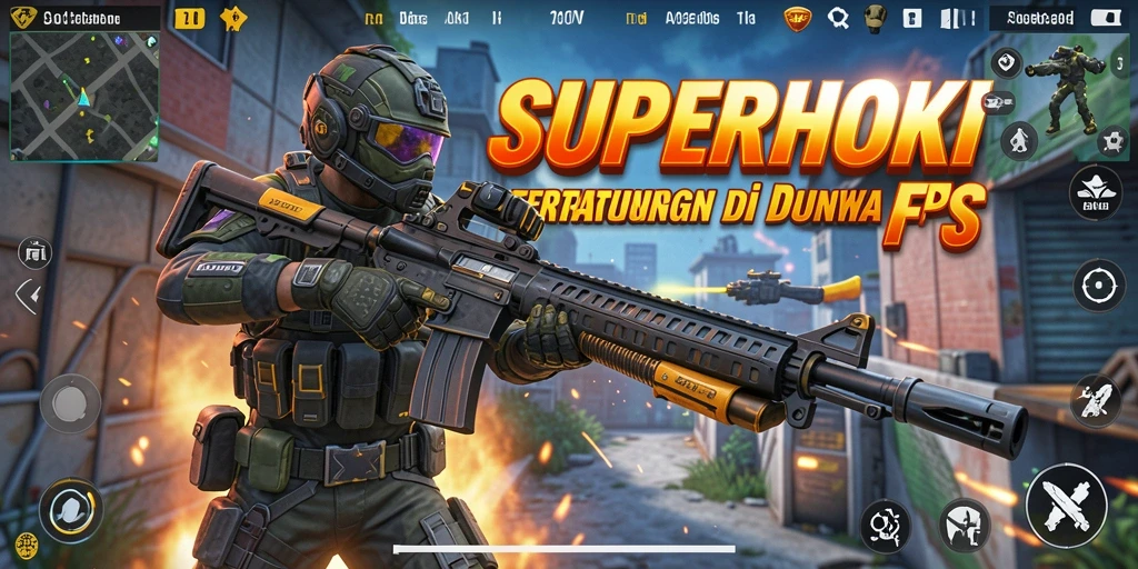 Screenshot utama SUPERHOKI menunjukkan aksi menegangkan pertarungan FPS.