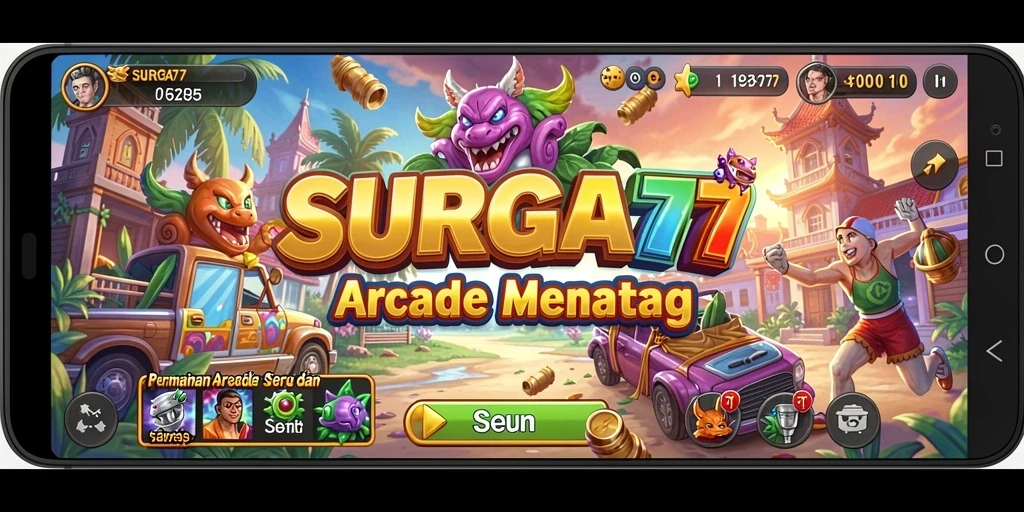 Tangkapan layar SURGA77 menunjukkan gameplay Arcade yang penuh warna dan seru.