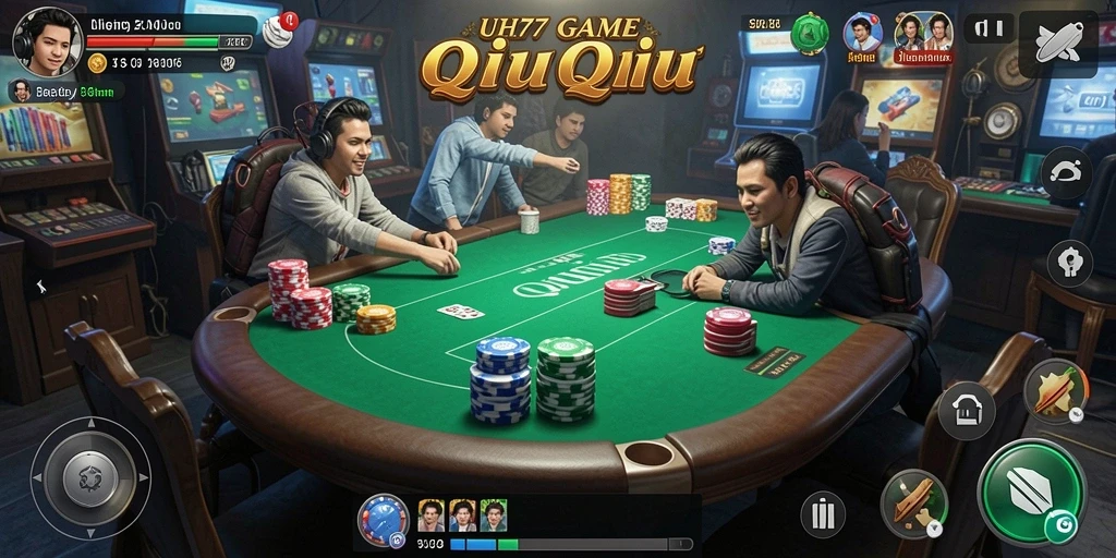 Screenshot gameplay UH77 yang menampilkan momen seru saat bermain QiuQiu.